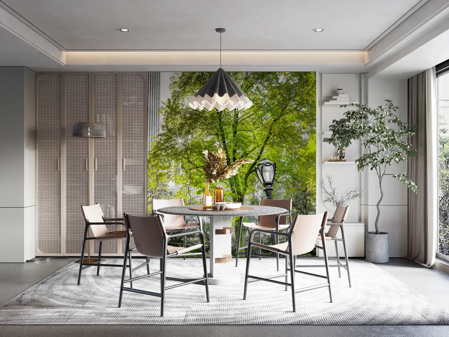 Dining area space with Emerald Metropolis wall mural city greenery