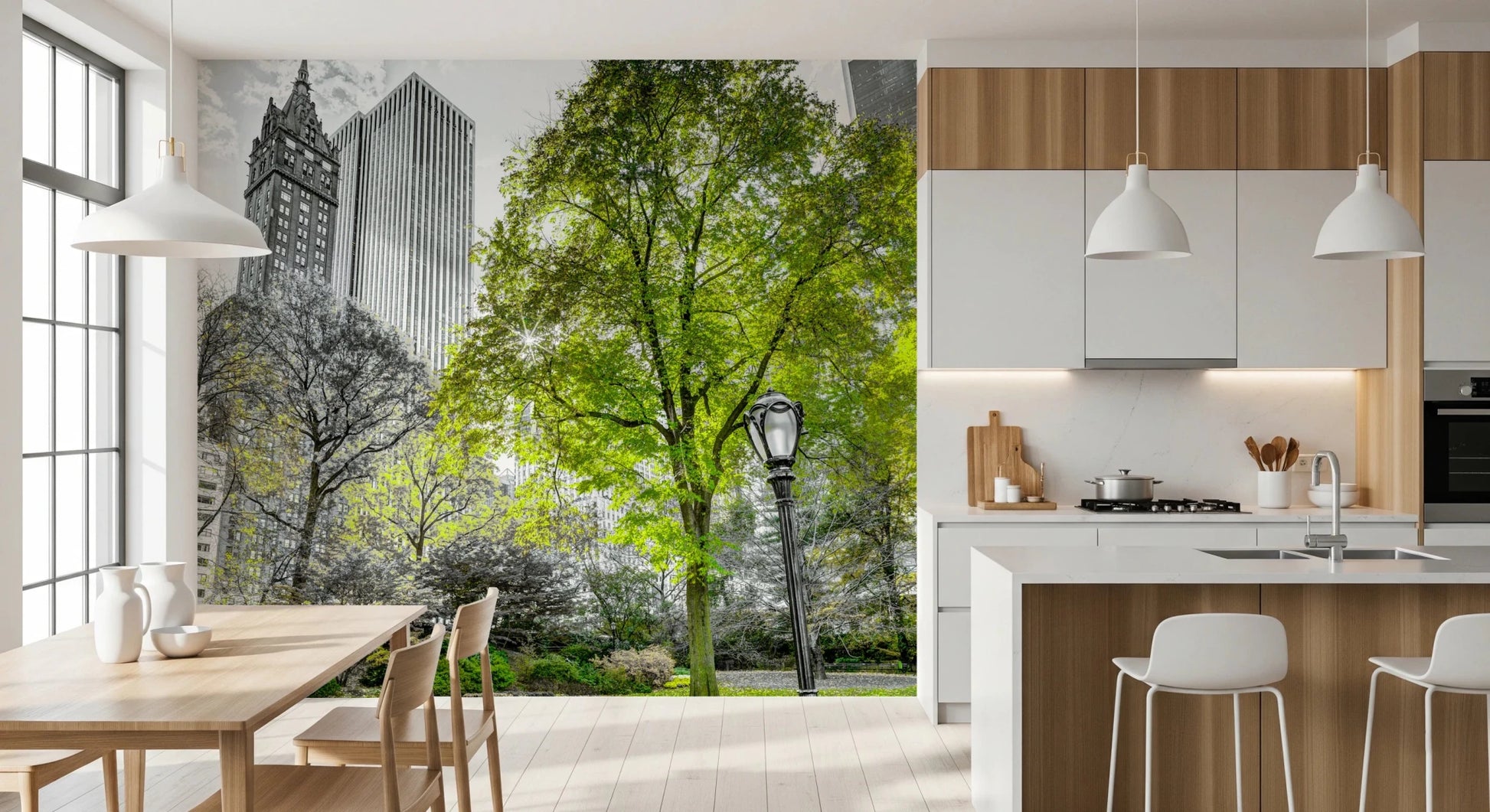 Dining area featuring Emerald Metropolis wall mural urban park scene