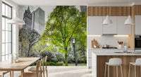 Dining area featuring Emerald Metropolis wall mural urban park scene
