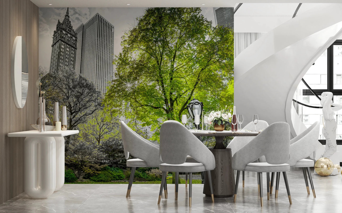 City garden wall mural with Emerald Metropolis skyline detail