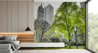 Bedroom styled with Emerald Metropolis wall mural and green trees