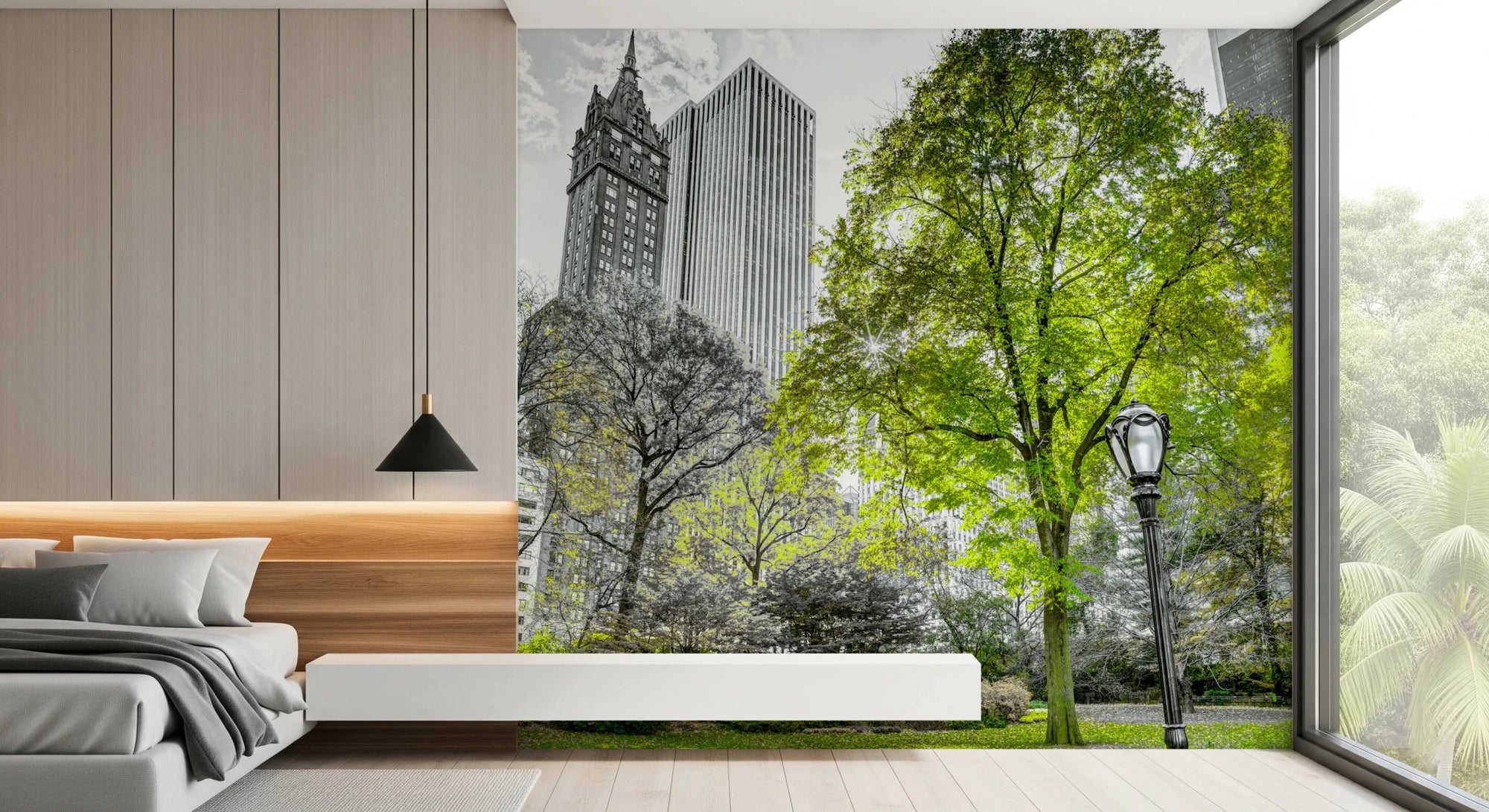 Bedroom styled with Emerald Metropolis wall mural and green trees, GD8764