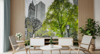 Emerald Metropolis mural with grayscale towers and green foliage