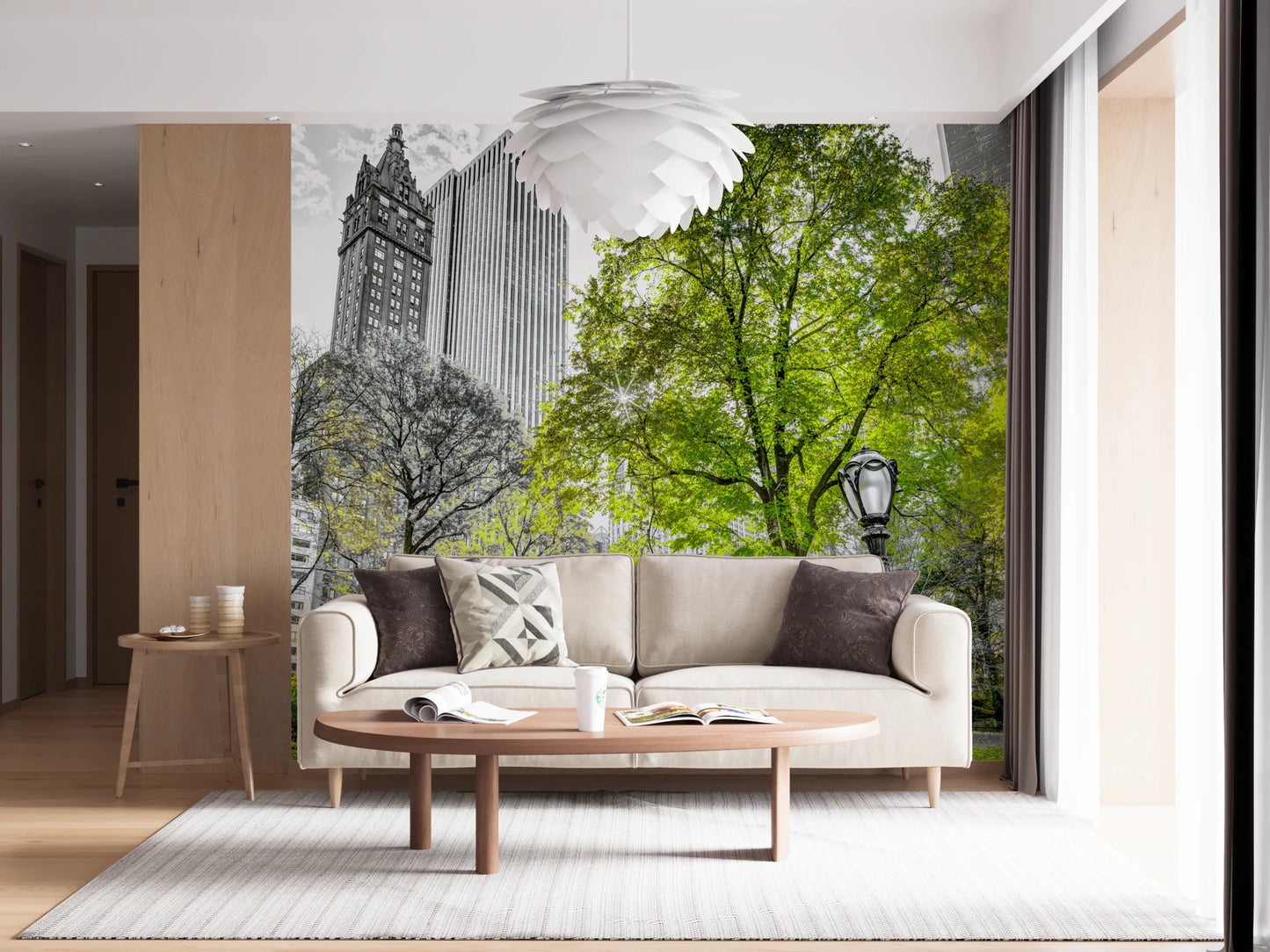 Emerald Metropolis wall mural with bright lawn and lamp post