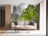 Emerald Metropolis wall mural with bright lawn and lamp post