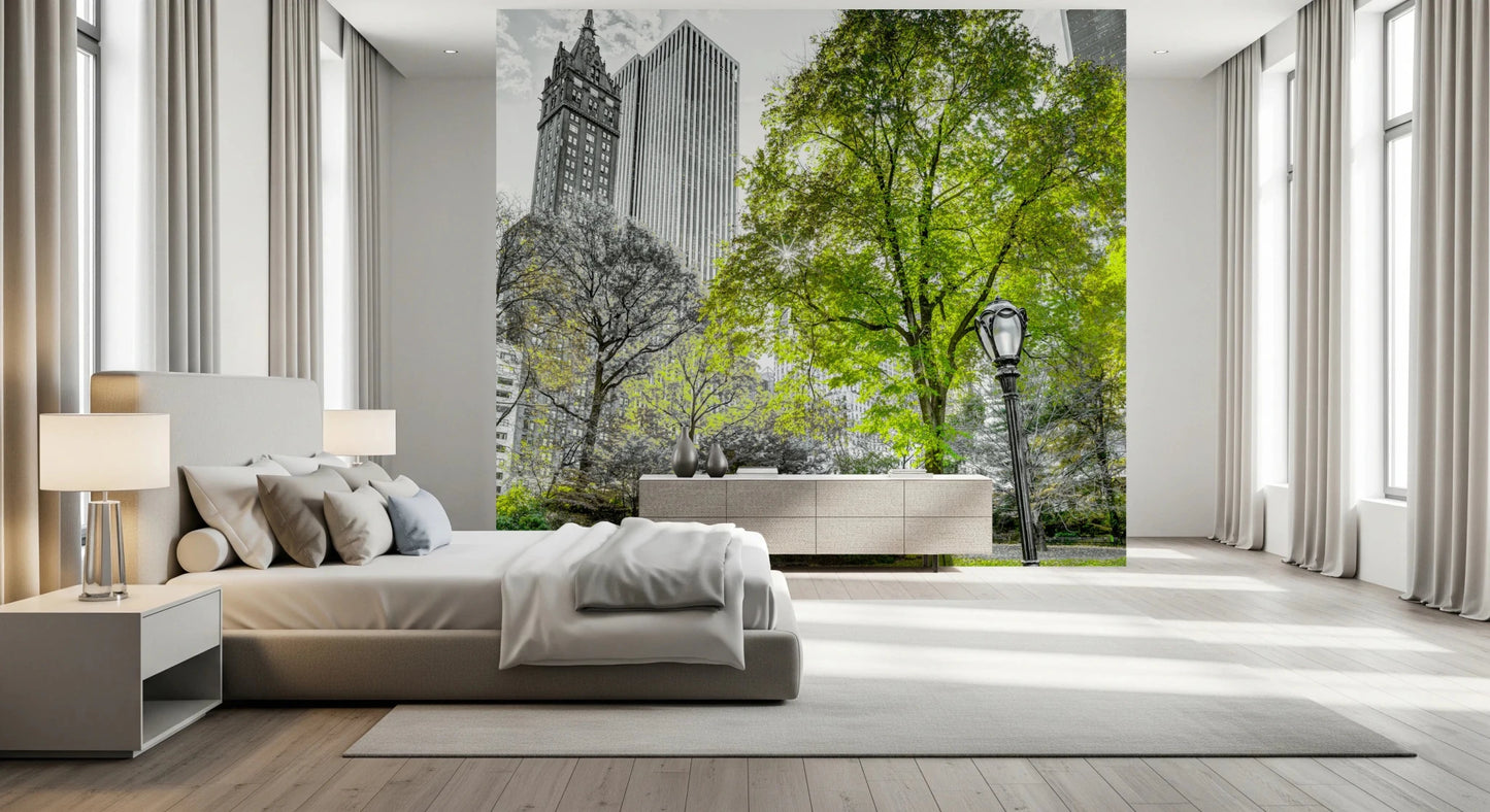 Emerald Metropolis wall mural with vivid trees and tall buildings