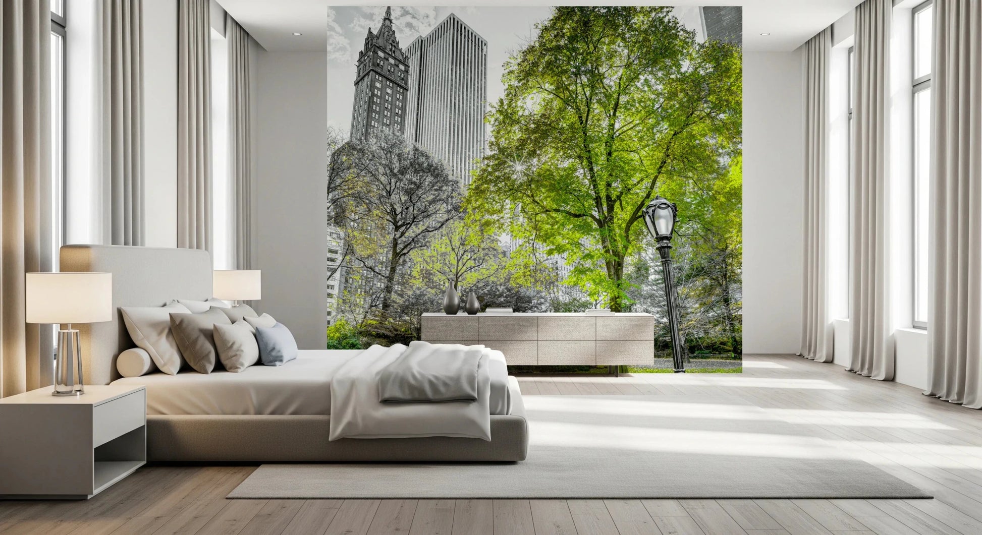 Emerald Metropolis wall mural with vivid trees and tall buildings