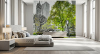 Emerald Metropolis wall mural with vivid trees and tall buildings