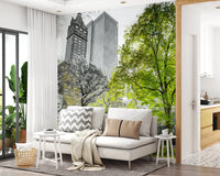 Emerald Metropolis wall mural in living room with park skyline