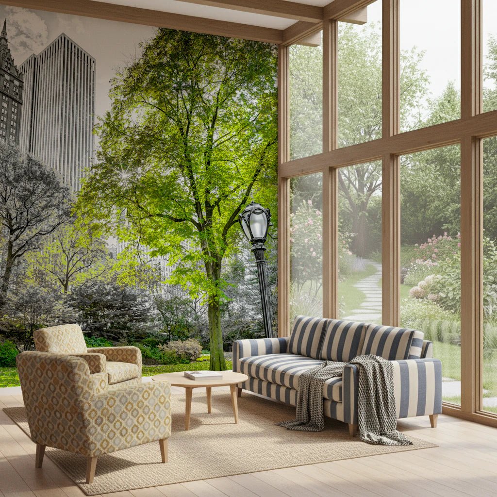 Modern city wall mural featuring Emerald Metropolis park view