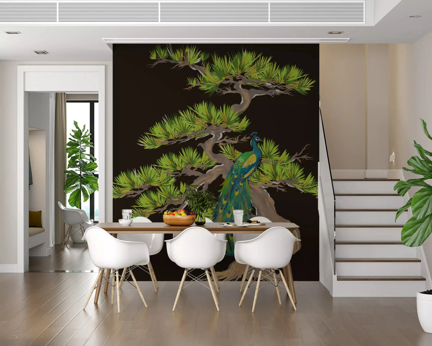 Inside the Dining, jeweled peacock detail anchors the dark wall mural
GD9495