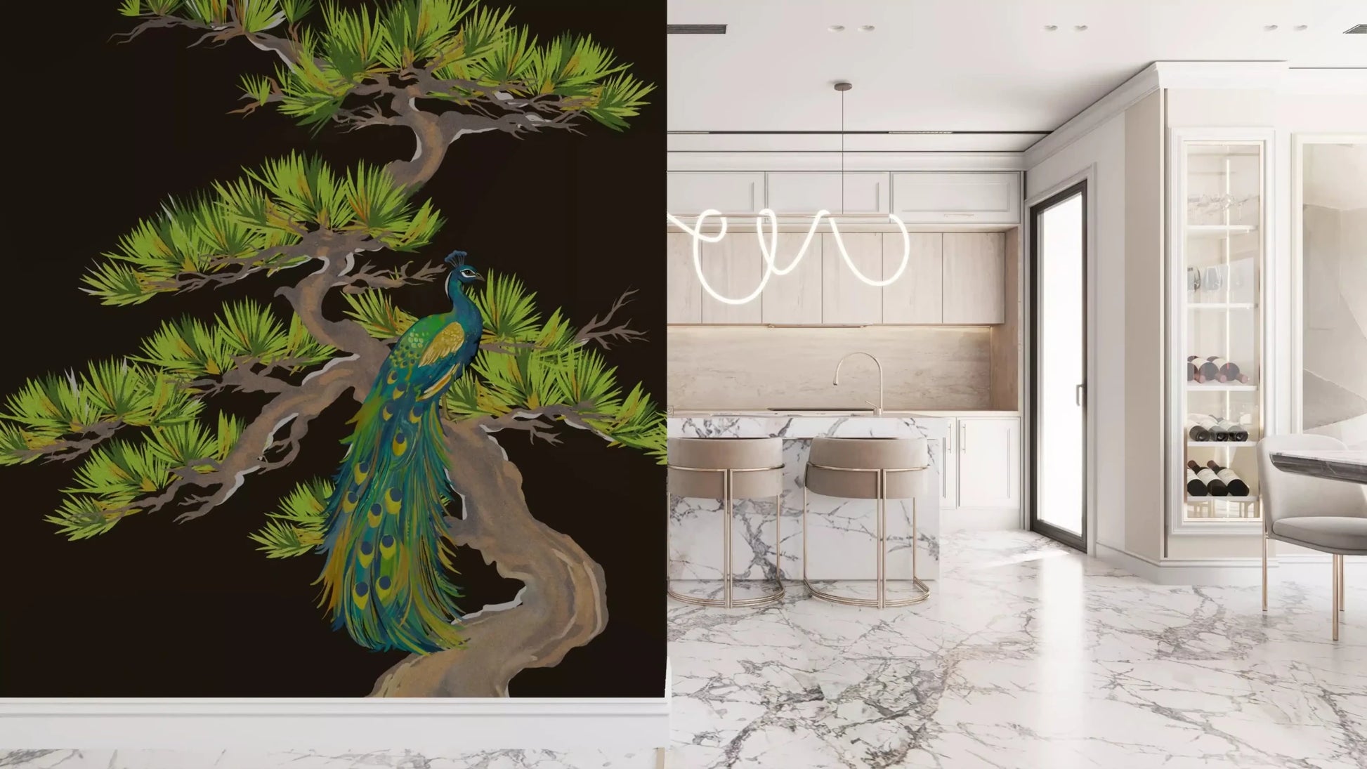 Up close: a teal-and-gold bird sits inside the Emerald Peacock pine wall mural
GD9495