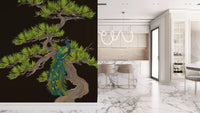 Up close: a teal-and-gold bird sits inside the Emerald Peacock pine wall mural
GD9495