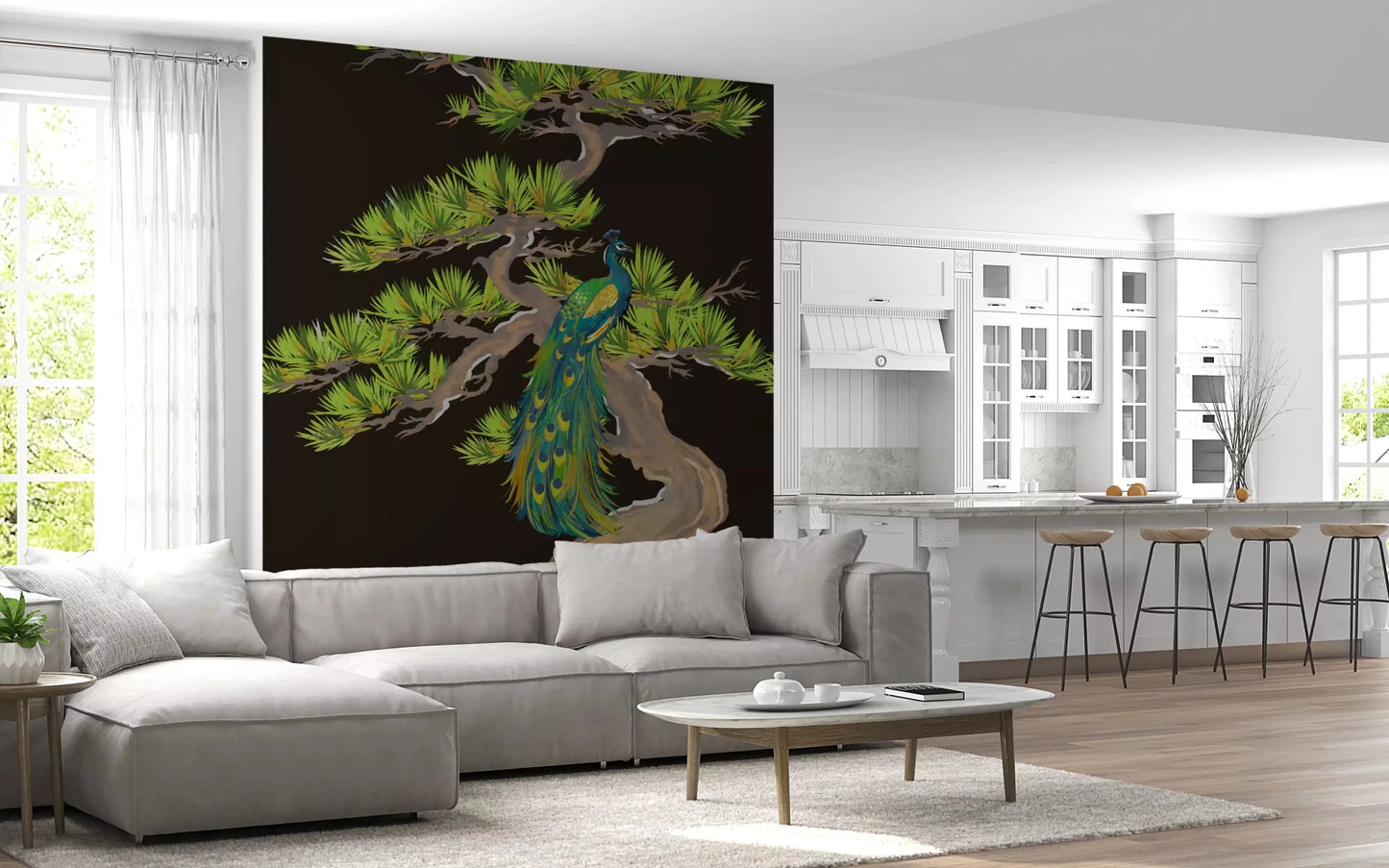 Living room atmosphere shifts under the peacock matsu pine wall muralGD9495