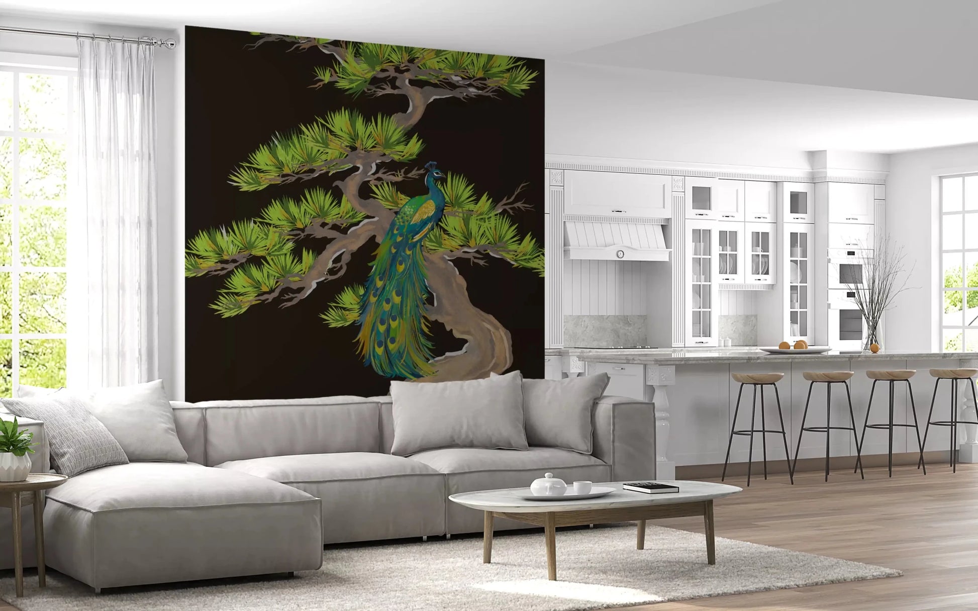 Living room atmosphere shifts under the peacock matsu pine wall muralGD9495
