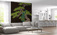 Living room atmosphere shifts under the peacock matsu pine wall muralGD9495