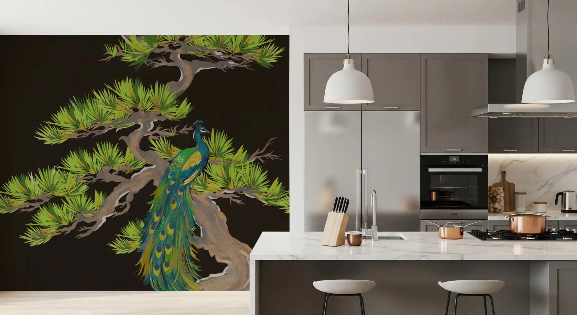 Quiet drama fills the Kitchen from the Emerald Peacock pine wall muralGD9495