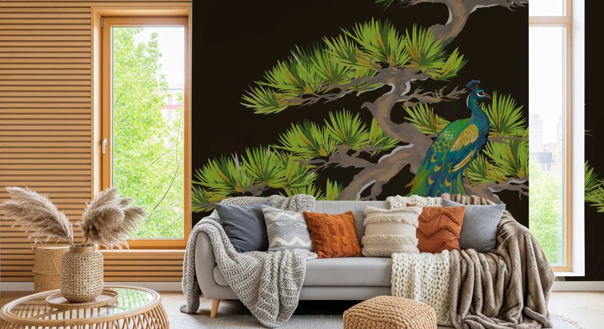 Notice the long cascading tail flowing down the dark peacock wall muralGD9495