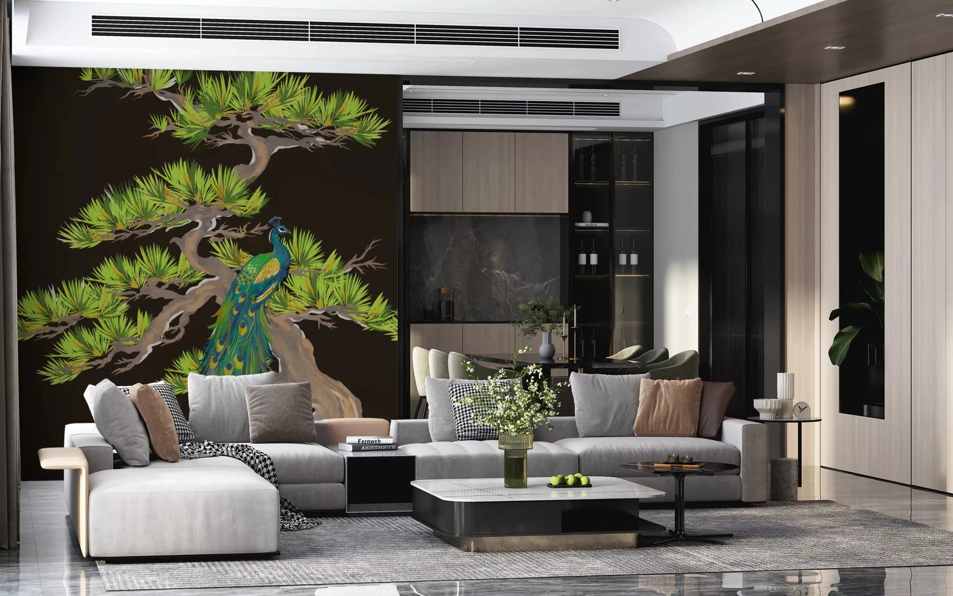 Across the living room, deep greens and teals glow on this peacock wall muralGD9495
