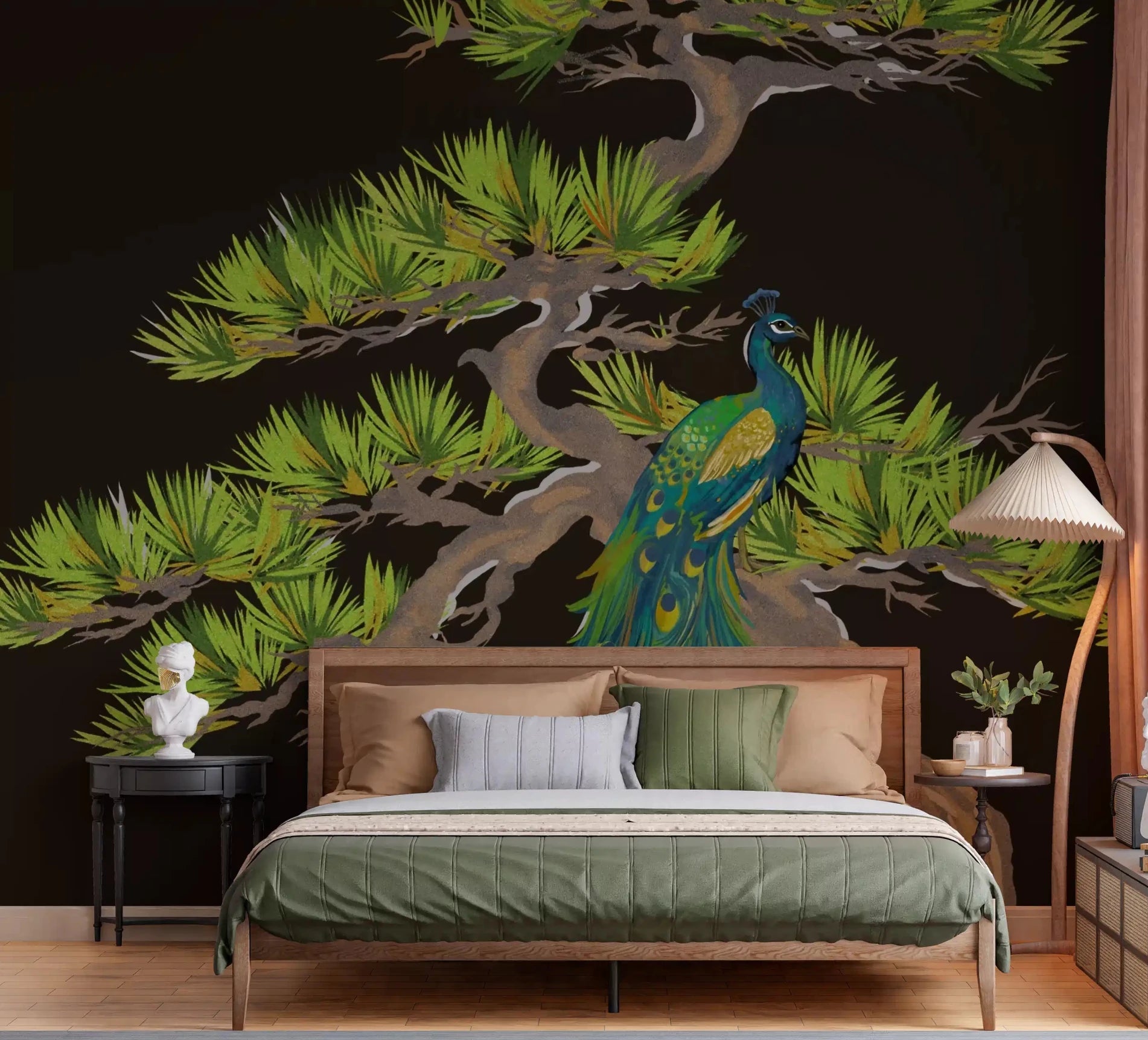 Bedroom space holds the Emerald Peacock matsu pine wall mural top down
GD9495