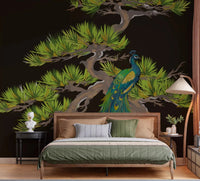 Bedroom space holds the Emerald Peacock matsu pine wall mural top down
GD9495