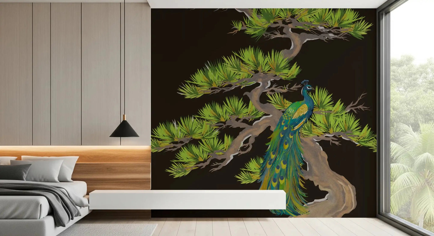 Statement Bedroom  backdrop set by the dark Japanese peacock wall muralGD9495