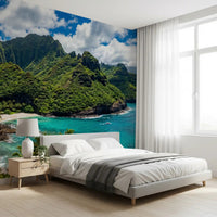 Bedroom featuring Emerald Shores Azure Waters wall mural with island cliffs, GD9028