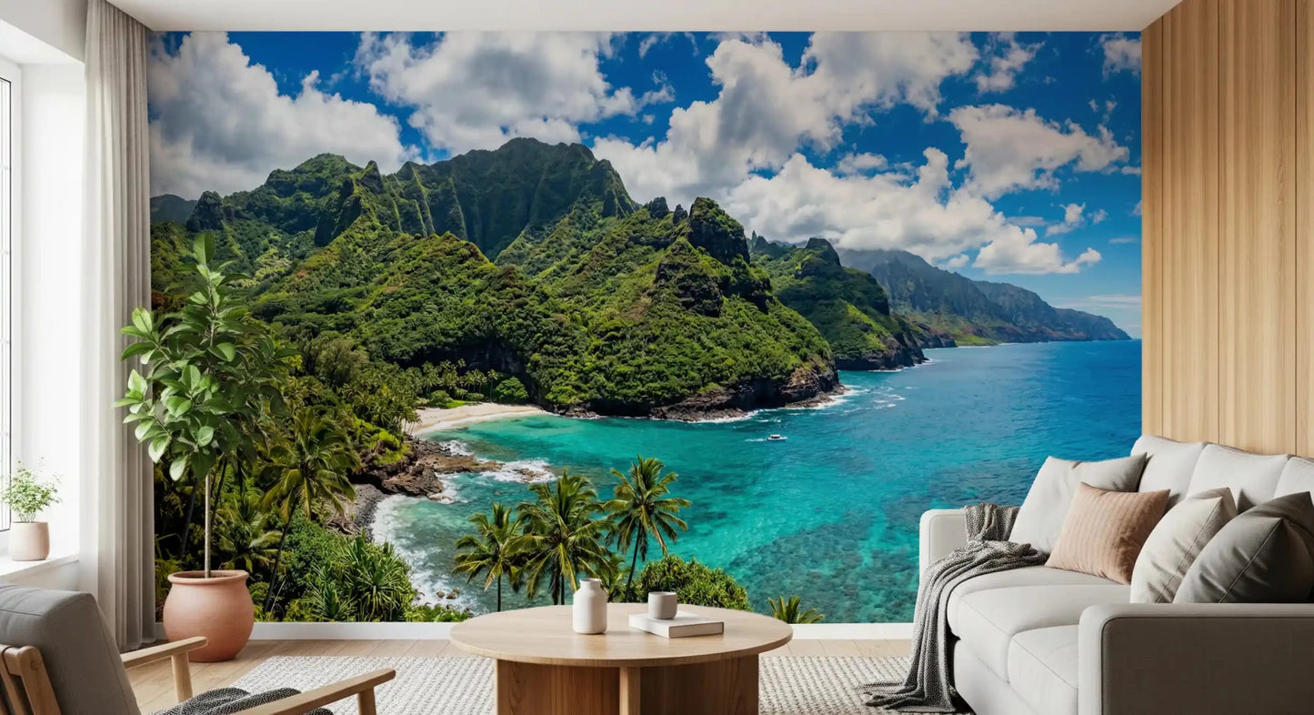 Coastal landscape wall mural with emerald shores, blue water, and cloudscape, GD9028