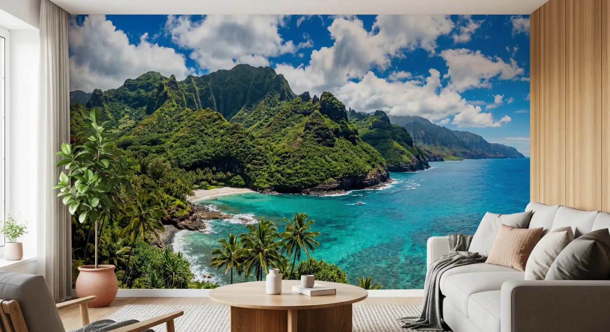 Coastal landscape wall mural with emerald shores, blue water, and cloudscape, GD9028