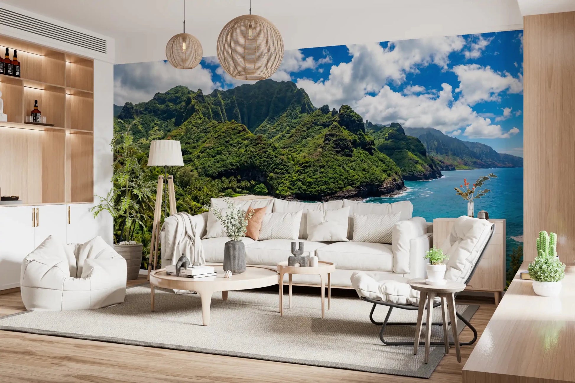 Emerald Shores wall mural with azure waters, lush mountains, and palm trees, GD9028