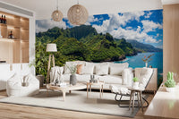 Emerald Shores wall mural with azure waters, lush mountains, and palm trees, GD9028