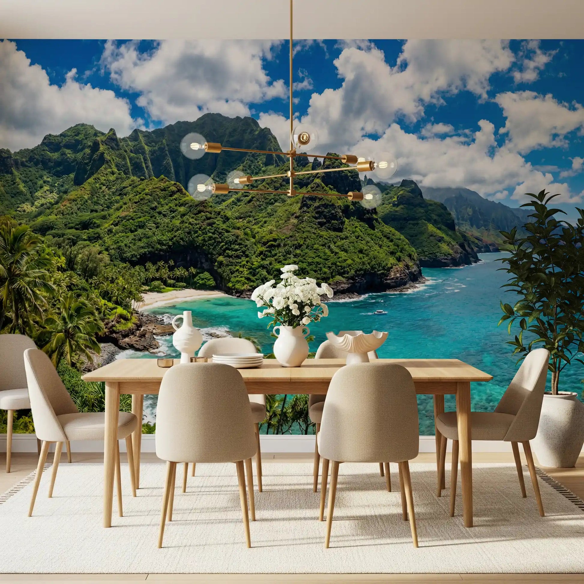 Azure Waters wall mural with emerald cliffs and a sunlit island shoreline, GD9028