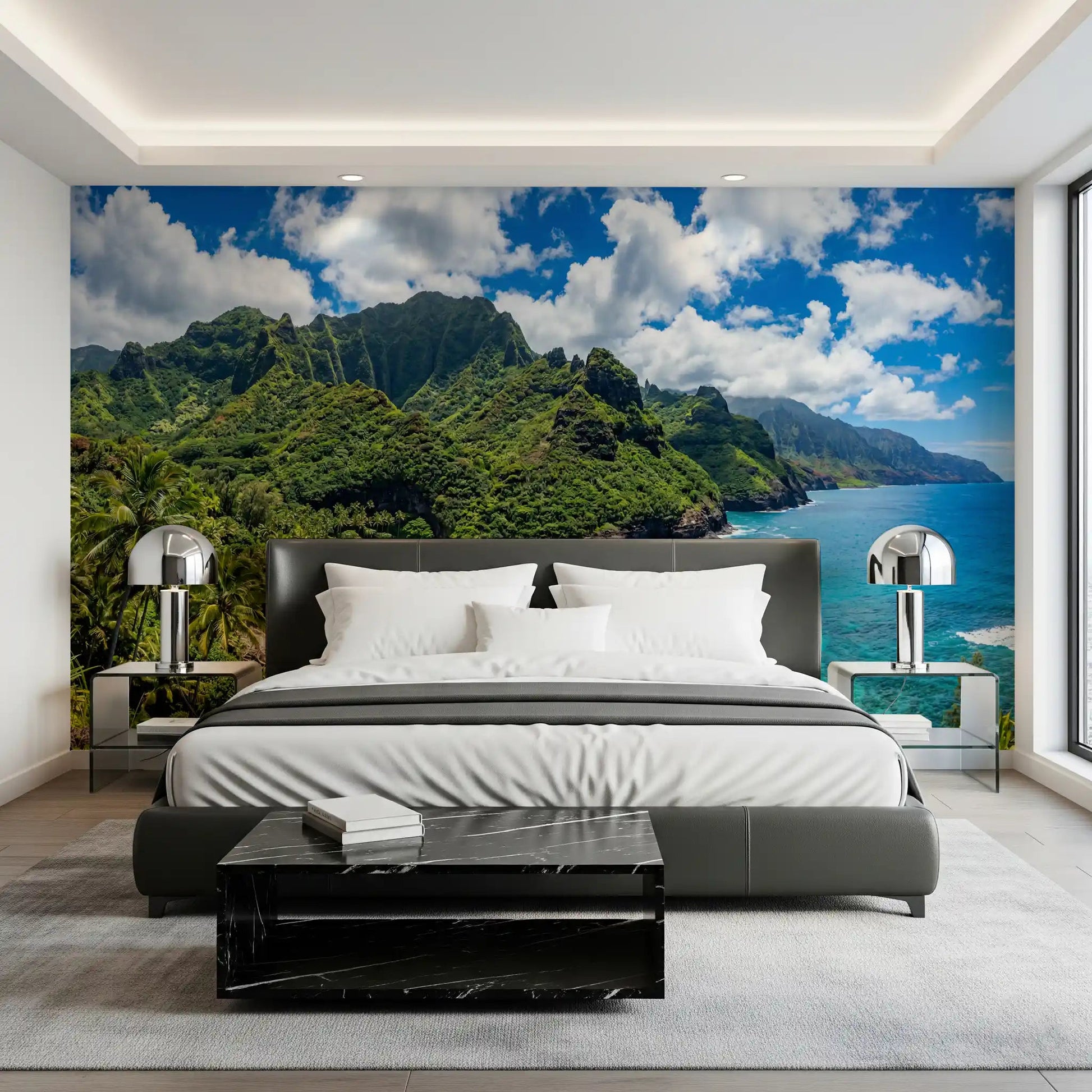 Emerald Shores Azure Waters wall mural with rocky bay and tropical greenery, GD9028