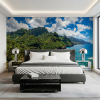 Emerald Shores Azure Waters wall mural with rocky bay and tropical greenery, GD9028
