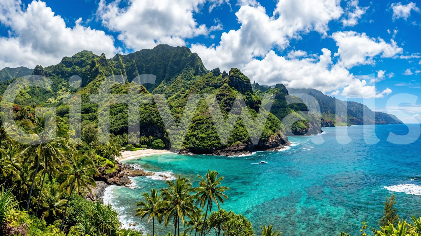 Island scenery wall mural blending emerald shores with clear coastal waters, GD9028