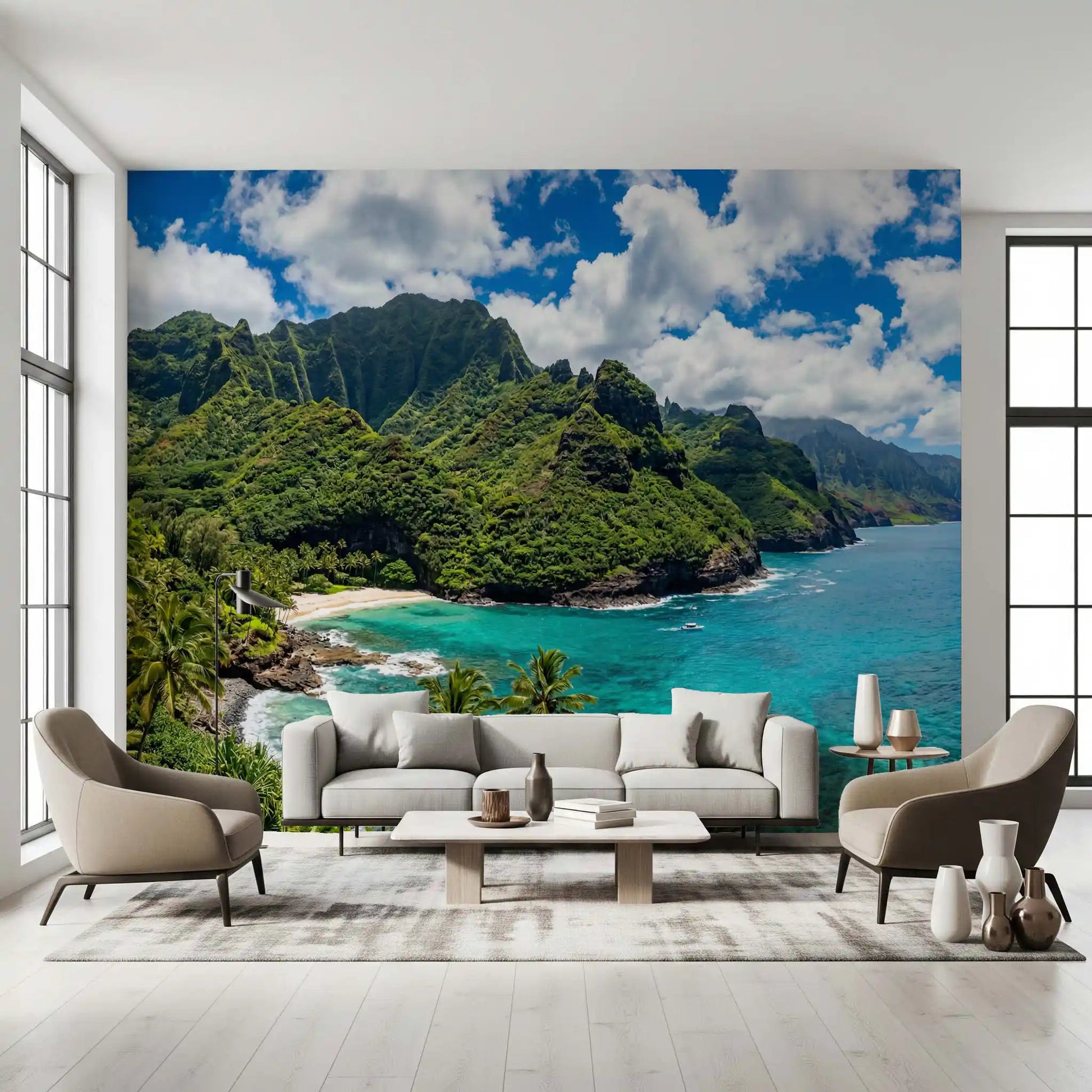 Living room styled with Emerald Shores Azure Waters wall mural in coastal tones, GD9028