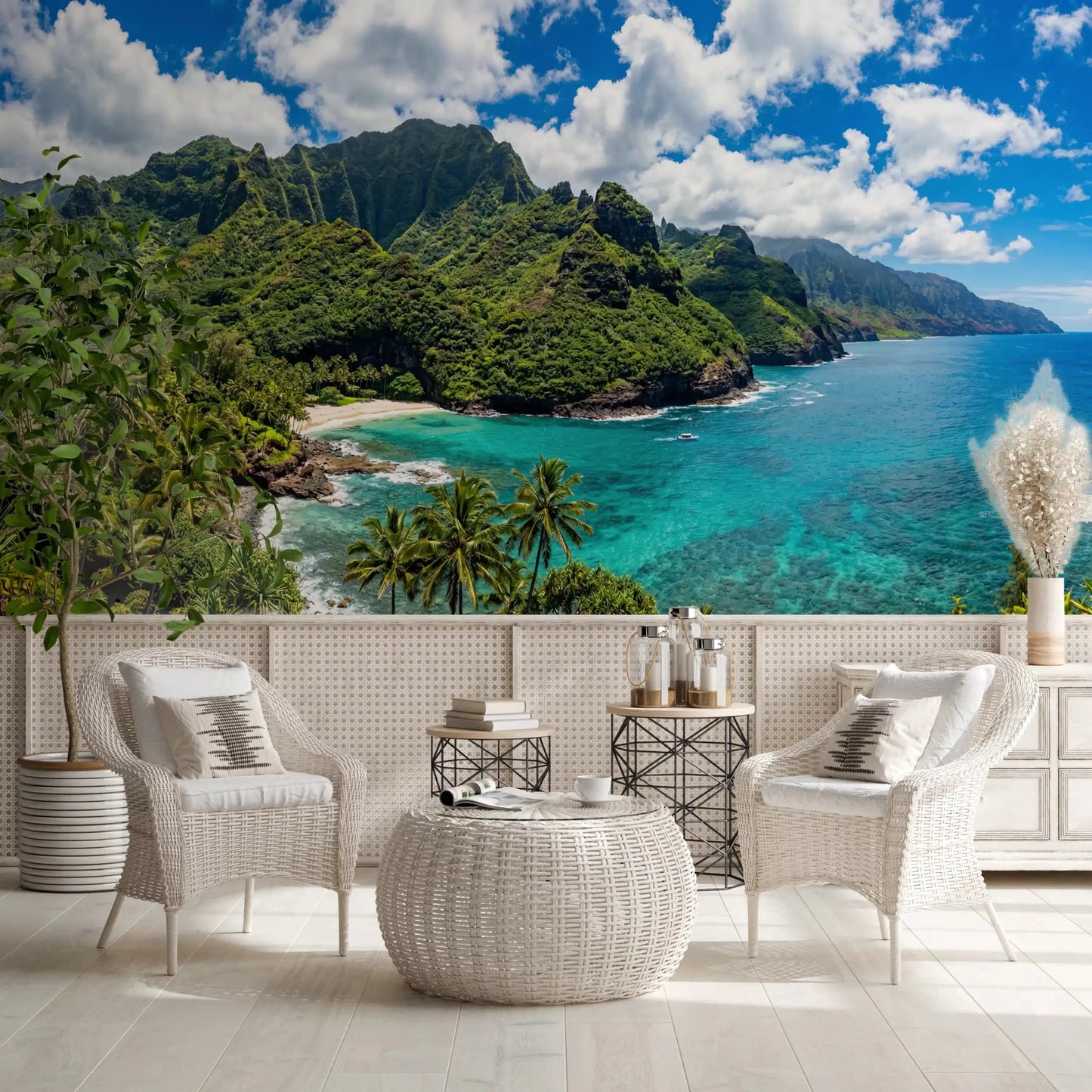 Panoramic wall mural of azure waters, emerald hills, and a quiet beach cove, GD9028