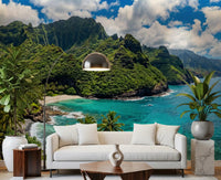 Home office with Emerald Shores Azure Waters wall mural and tropical bay view, GD9028