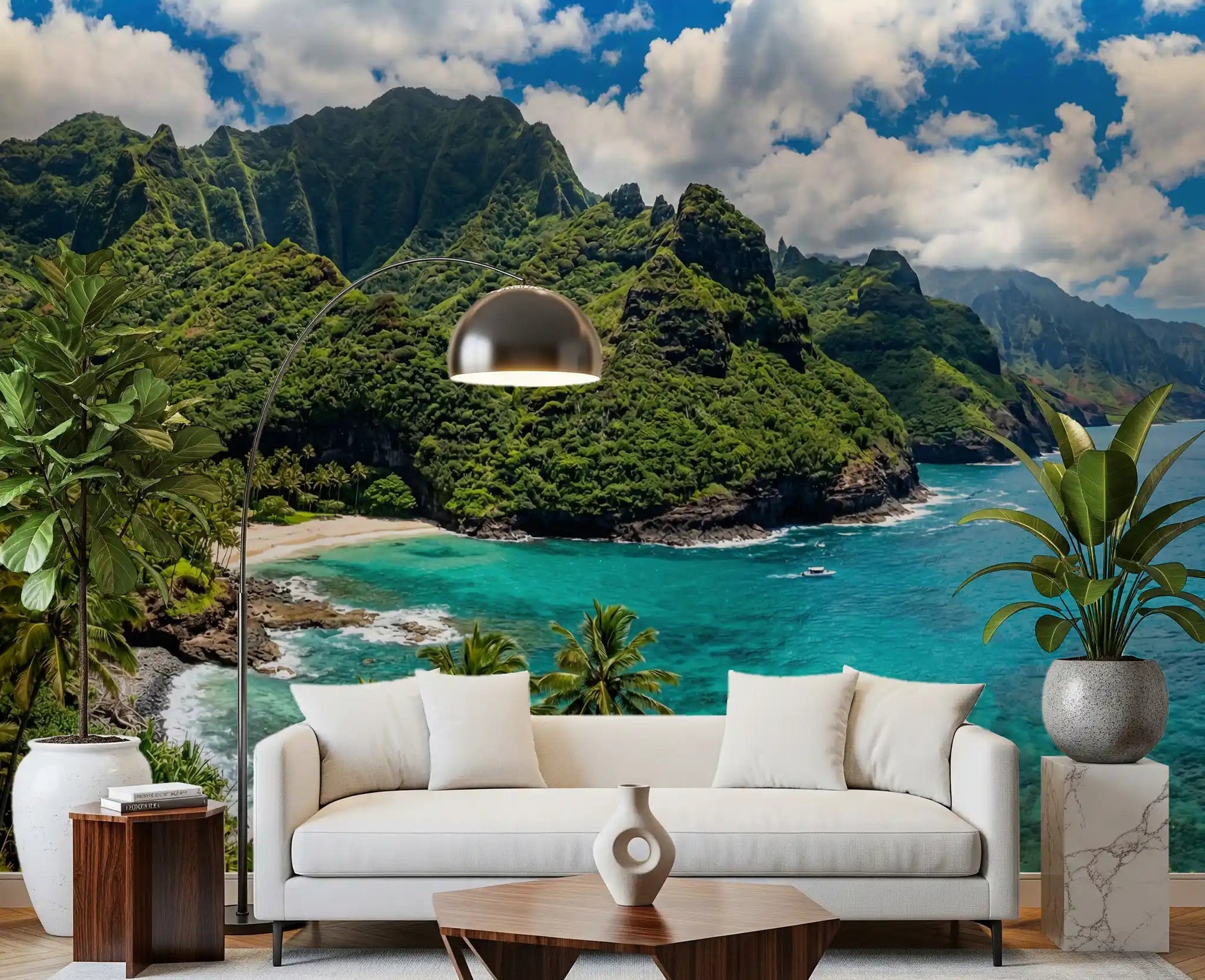 Home office with Emerald Shores Azure Waters wall mural and tropical bay view, GD9028