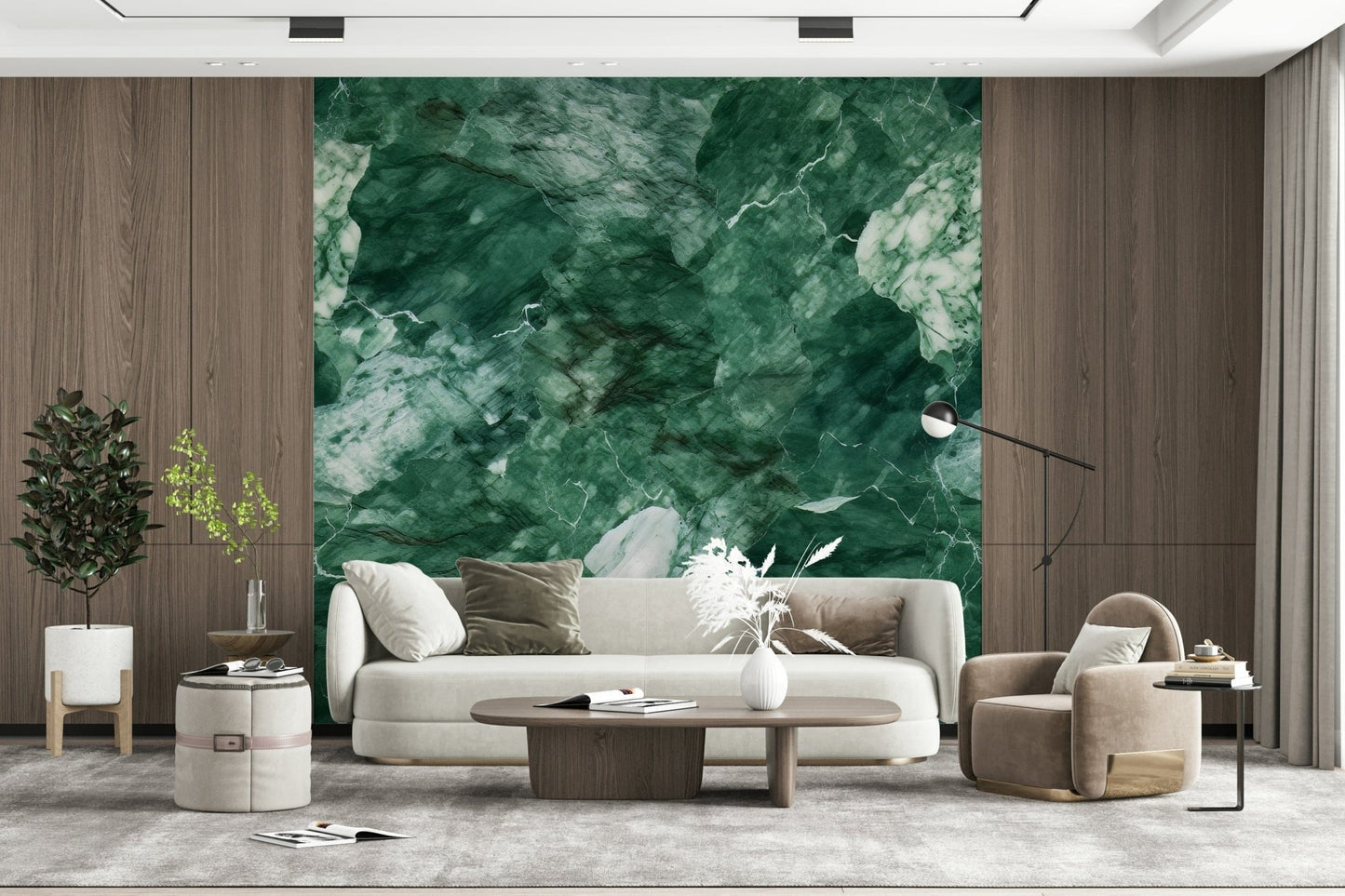A beautiful subtle emerald stone wallpaper mural with natural, rich green texture.