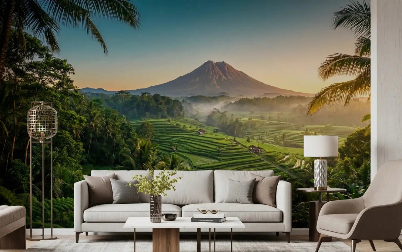 Living room Emerald Terraces Volcanic wall mural with sunrise mountain landscape
