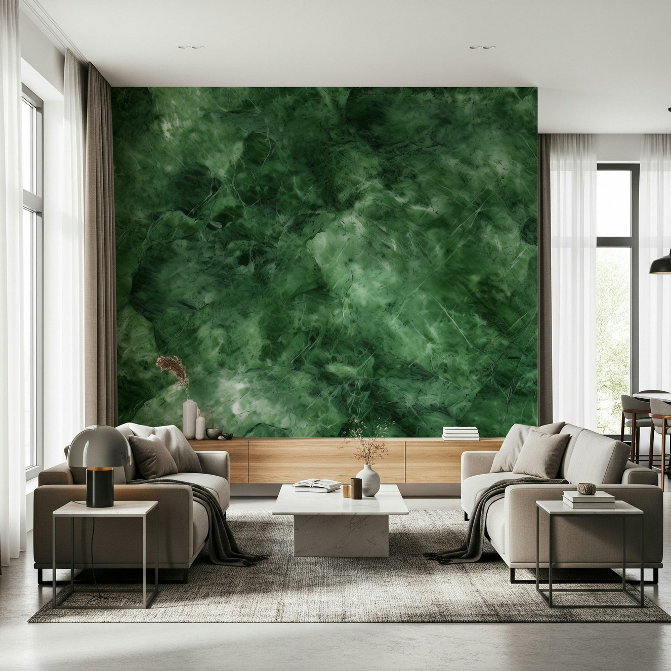 A beautiful subtle emerald vein wallpaper mural with flowing lines and rich green color.