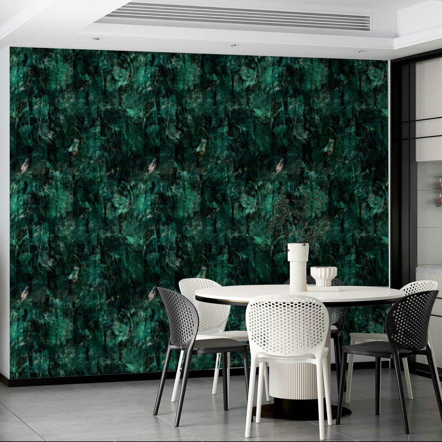 A beautiful modern living room with a solid emerald wall mural.

