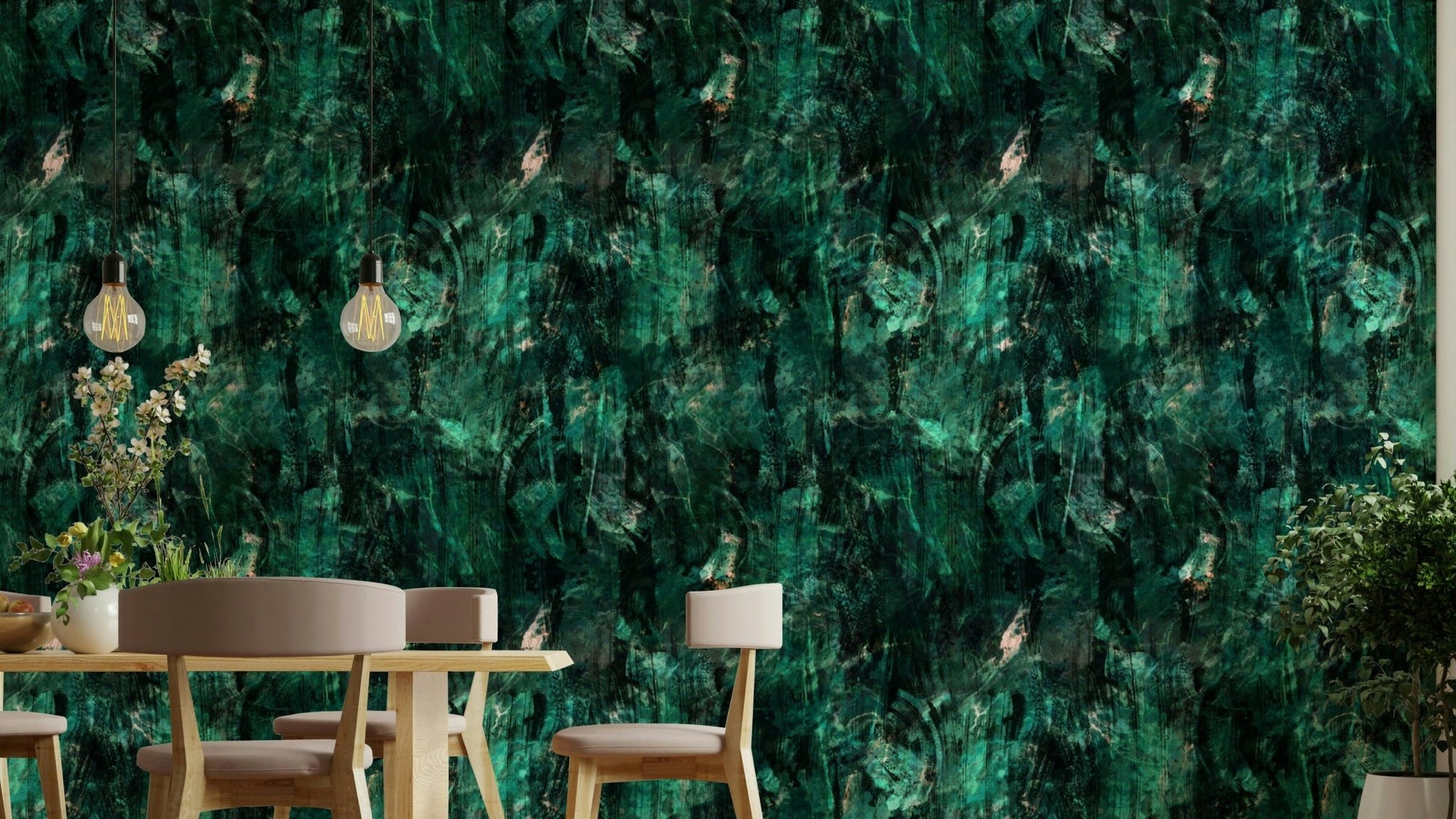 The wallpaper is used to create a feature wall in a dining room., GD4529