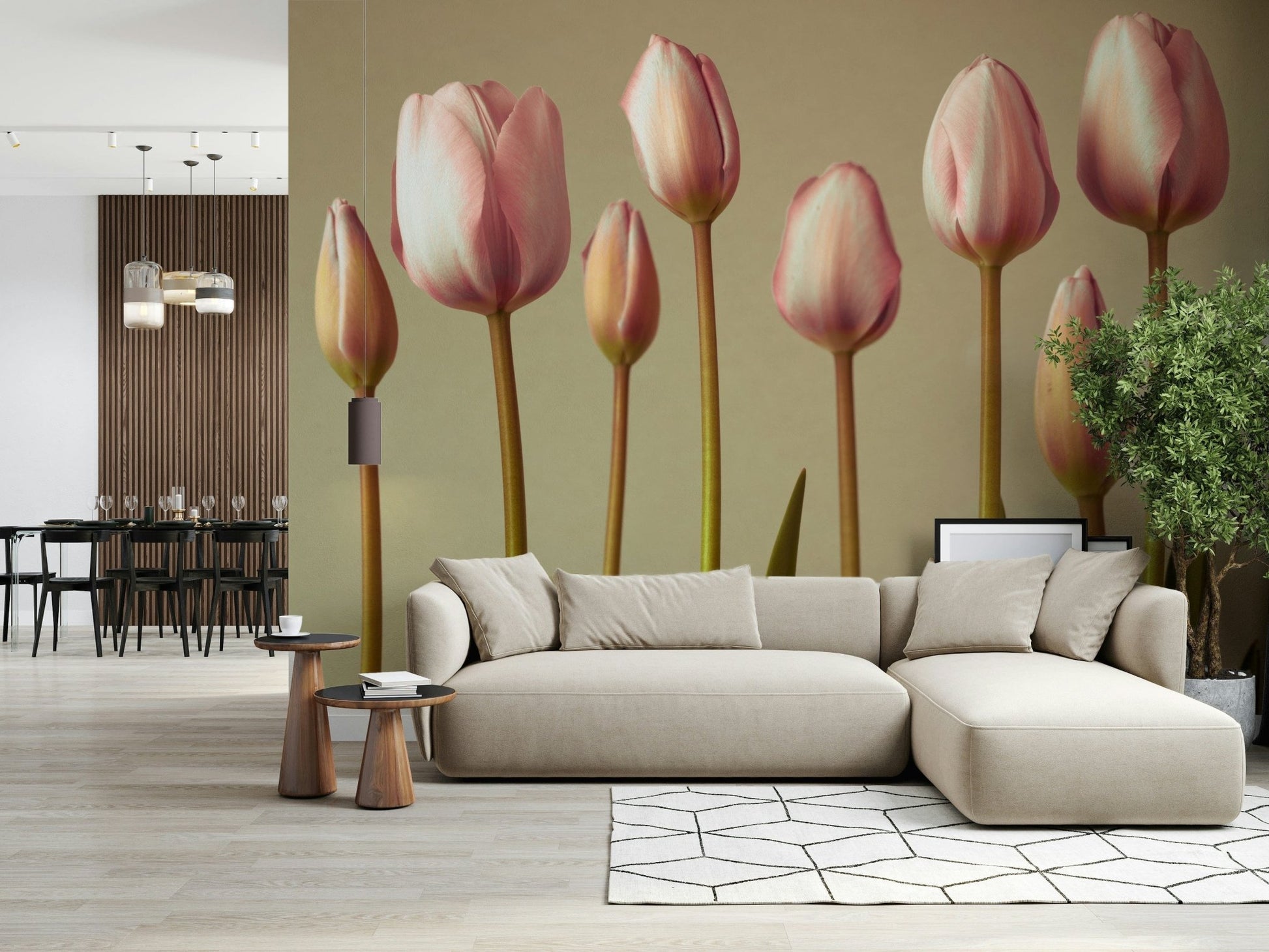 Beautiful light pink wall mural featuring Emerging Elegance tulips.