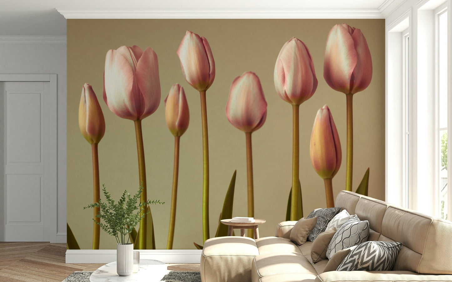 Emerging Elegance: Chic pink and cream tulip panel mural.