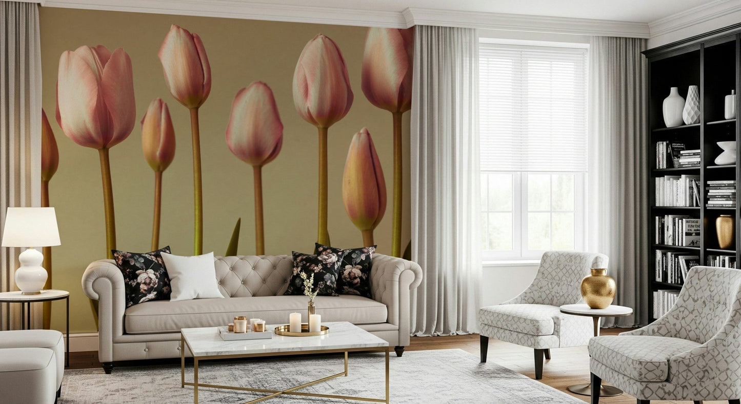 Modern pink tulip motif Emerging Elegance accent wall.