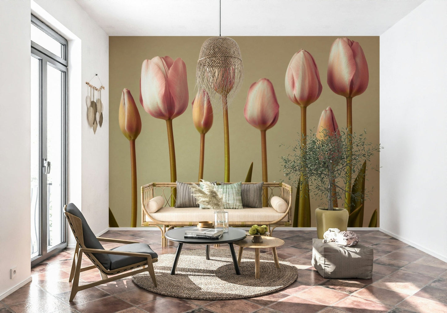 Emerging Elegance: Pastel tulip wallpaper blooms on walls.