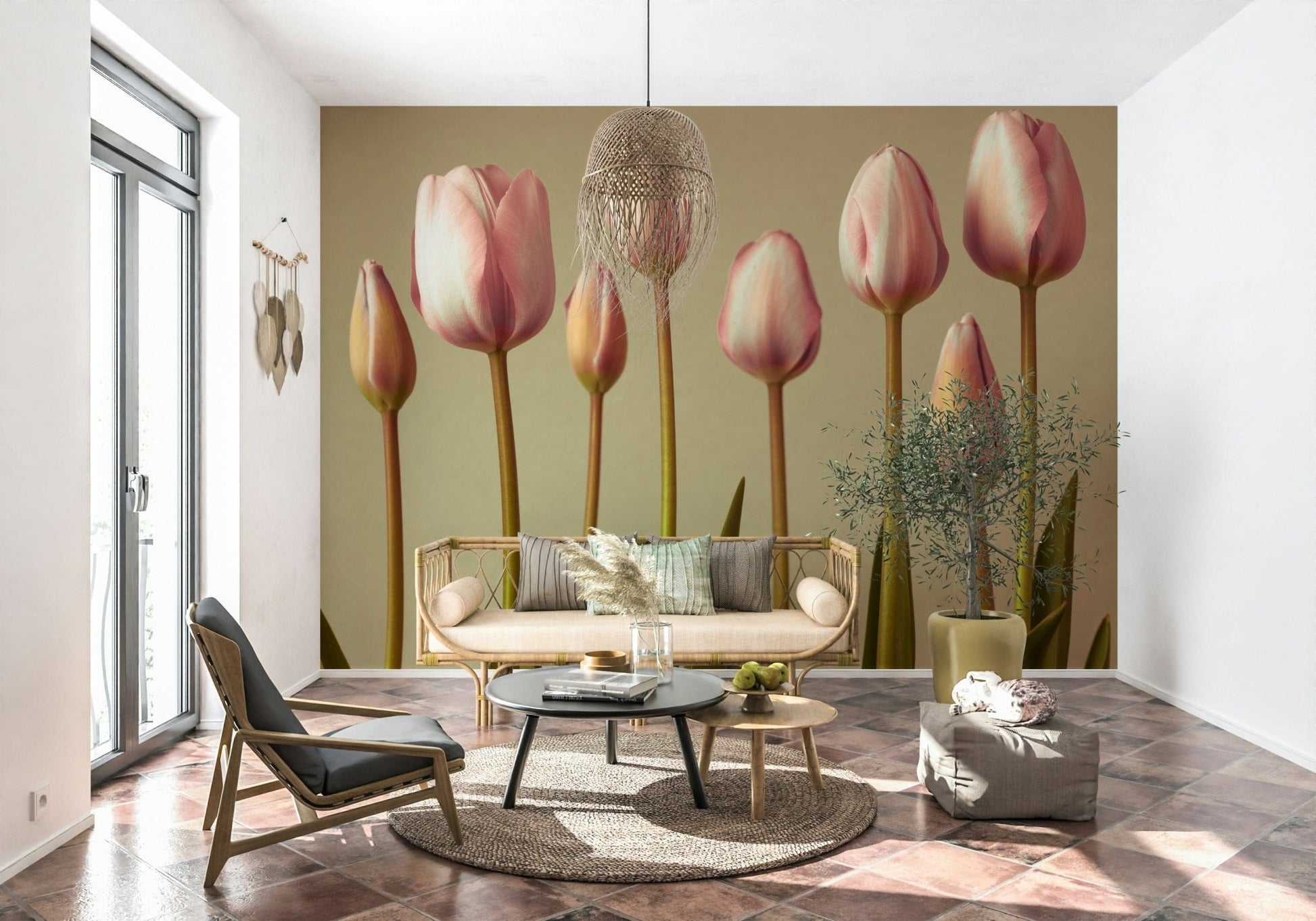 Emerging Elegance: Pastel tulip wallpaper blooms on walls.