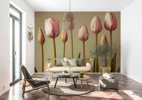 Emerging Elegance: Pastel tulip wallpaper blooms on walls.